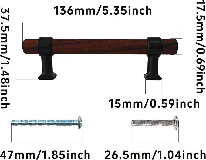 4Pcs 5.35” Walnut Wood Drawer Pulls, 96mm/3.78" Hole Center, Kitchen Cabinet Hardware Handles, Metal and Wooden Cabinet Knobs, T Bar Knob Pull Handles for Wardrobe, Dresser, Cupboard