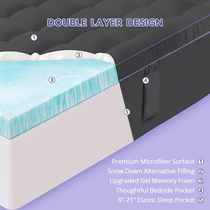 ABENE 3 Inch Dual Layer Queen Memory Foam Mattress Topper, 2 Inch Memory Foam Plus 1 Inch Down Alternative Pillowtop Mattress Pad with Deep Pocket, Soft Support for Pressure Relief, Gray