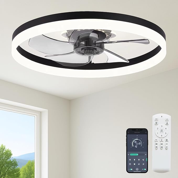 23.6'' Ceiling Fan with Light, Upgraded Low Profile Fan, Flush Mount Ceiling Fan, 6 Speeds, Dimmable LED, App & Remote Control, Quiet DC Motor, for Bedroom, Living Room, F115 Black