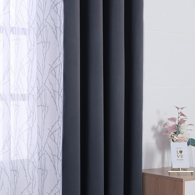 BONZER Mix and Match Curtains - 2 Pieces Branch Print Sheer Curtains and 2 Pieces Blackout Curtains for Bedroom Living Room Grommet Window Drapes, 37x63 Inch/Panel, Grey Dark, Set of 4 Panels