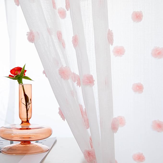 MYSKY HOME Pink Curtains for Living Room 84 Inch Long Pom Pom Bedroom White Sheer Curtains for Nursery Girls Light Filtering Rod Pocket Bohemian Voile Window Drapes 38 x 84 in 2 Panels