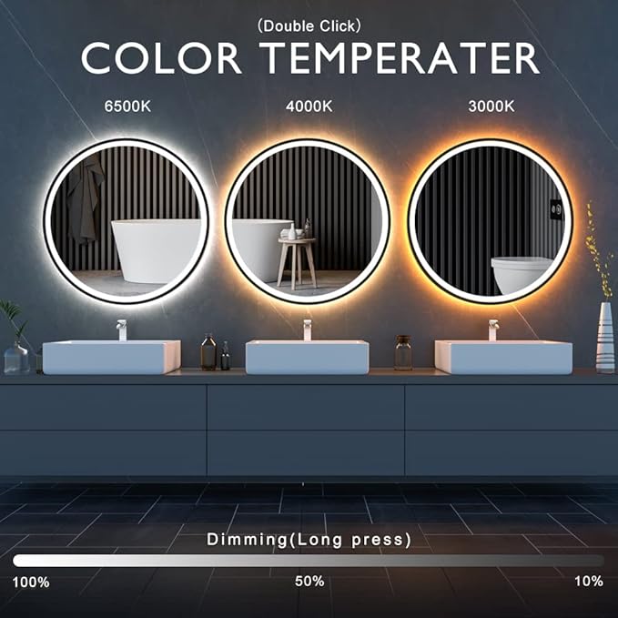 LED Sensor Mirror, 40 inch Round Human Body Induction, Black Framed Vanity Mirror, Illuminated Dimmable Anti Fog IP44 Waterproof Bathroom Wall Mounted Blacklit Mirror with Lights