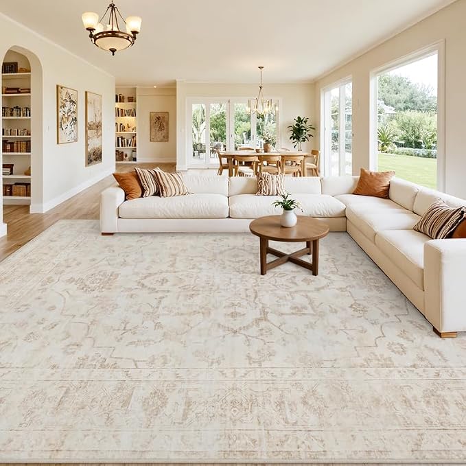 10x14 Area Rugs Living Room: Bedroom Washable Carpet Warm Beige | Vintage Boho by Luxturiy