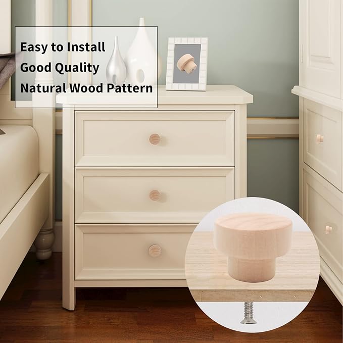 10PCS Wood Knobs Flat Top Round Cabinet Knobs 1.39"(35mm) Unfinished Wooden Dresser Drawer Pulls Kitchen Cabinet Handles