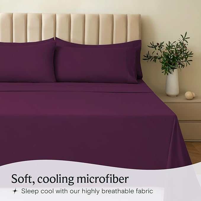 LuxClub 4 PC Queen Sheet Set, Deep Pockets Wrinkle Free Cooling Bed Sheets Hotel Bedding for Women, Men, Kids & Teens, Includes 1 Fitted Sheet, 1 Flat Sheet and 2 Pillowcases - Silky Soft Eggplant