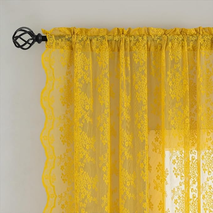 YJ YANJUN Vintage Lace Curtains 96 Inches Long-Victorian Floral Mustard Yellow - Image 2