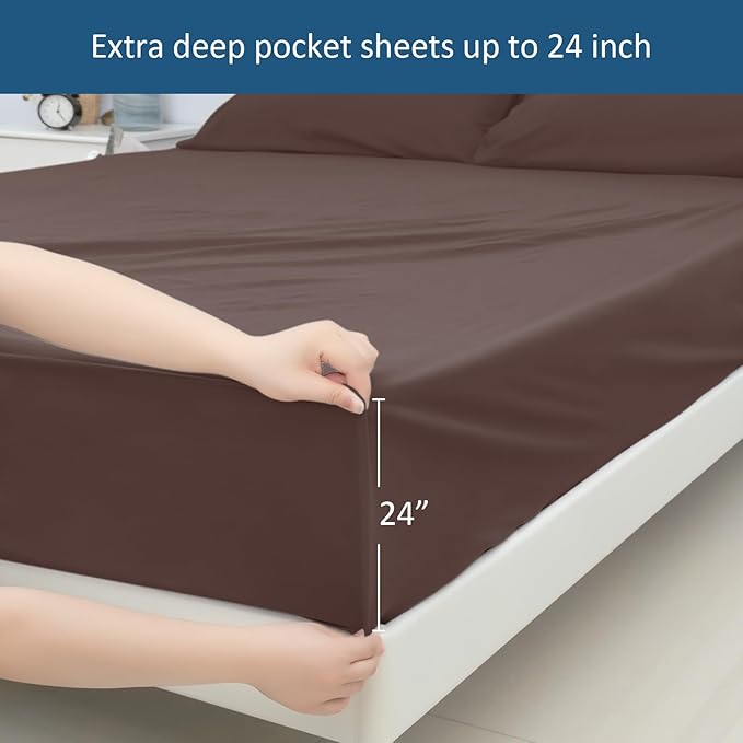 Full Sheet Set for Air Mattress - Deep Pocket Full Size Bed Set - Sheets with Pockets on Side - Easily Fits Extra Deep 16 in to 24 in Pillow Top Air Mattress - Brown