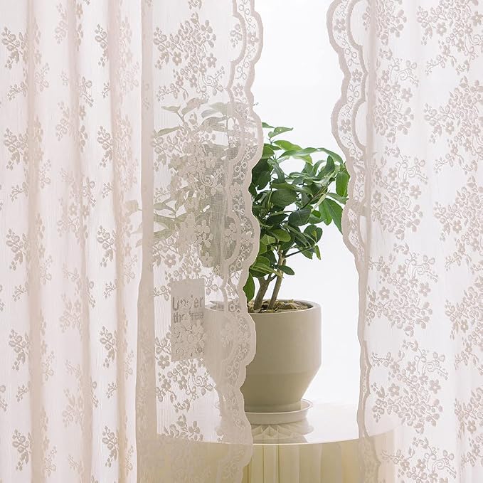 YJ YANJUN Vintage Lace Curtains 63 Inch Length 2 Panels Set Cute Floral Designs by YJYANJUN