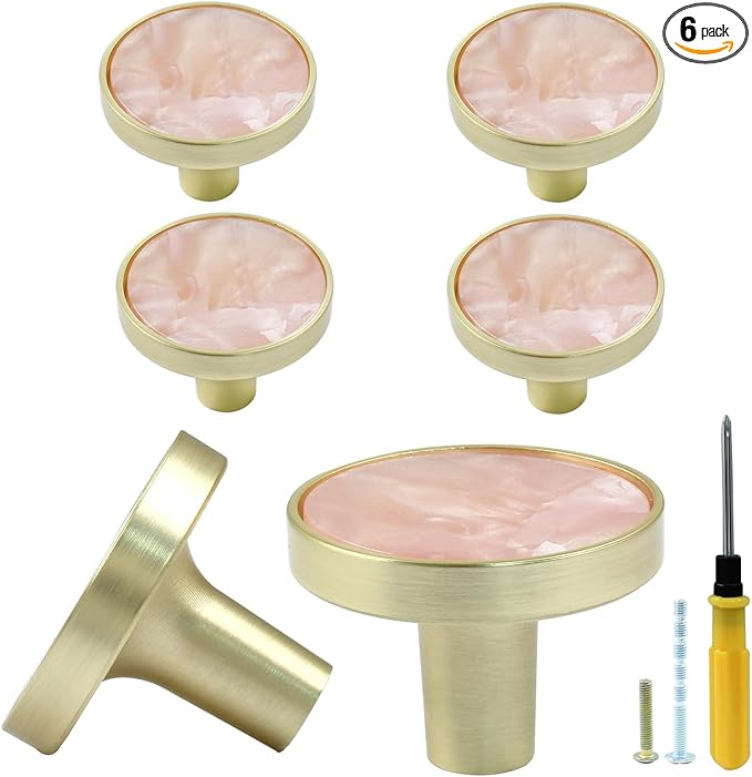 6 Pcs Gold Knobs for Dresser Drawers, Round Dresser Cabinet Knobs Pulls for Kitchen Cabinet Cupboard Door Furniture Decorative, Pink
