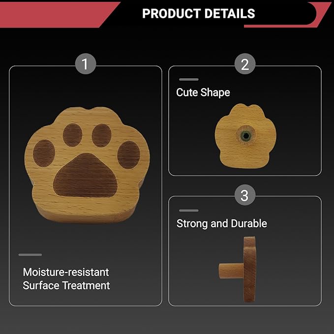 4PCS Wooden Cat's Paw Shaped Cabinet Knobs, Cabinet Handles, Single Hole Beech Wood Handles, Wood Hooks with Full Set of Screw Accessories