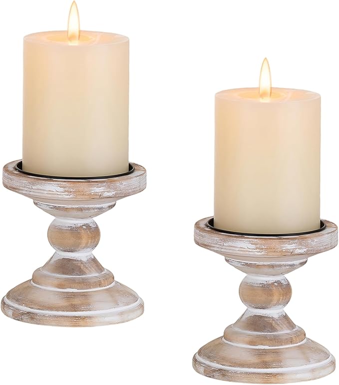 Wood Pillar Candle Holder: 2Pcs Rustic White Candle Holders for Pillar Candles Wood Candle Holders Distressed Wooden Farmhouse Candle Holder Large Rustic Candle Holder for Fireplace Table