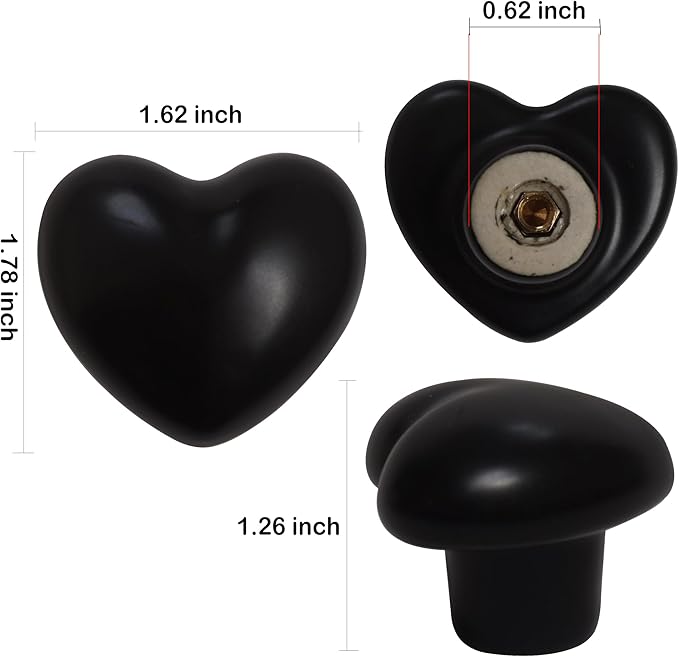 Ceramic Drawer Knobs Heart Shape Cabinet Dresser Pulls Handles with 3 Sized Screws, Kitchen Furniture Knobs for Closet Cupboard Wardrobe (6, Black)