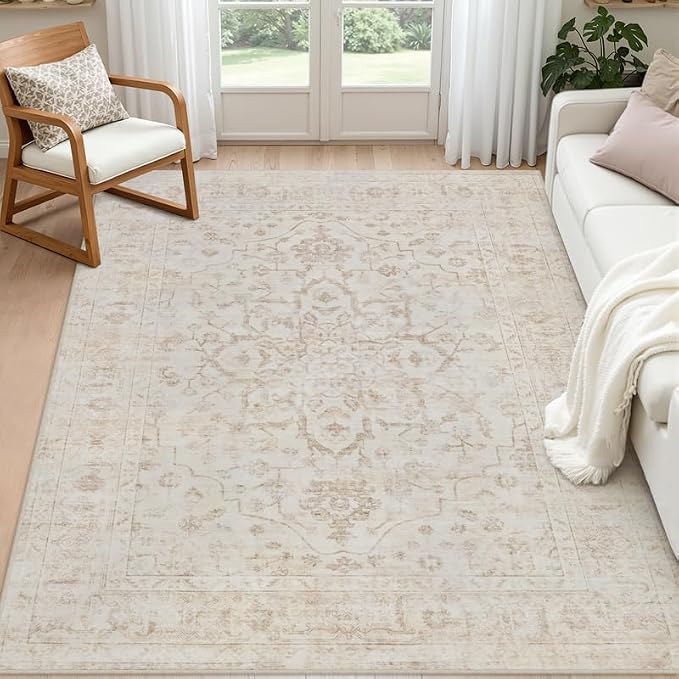 6x9 Area Rugs Living Room: Bedroom Washable Carpet Warm Beige | Vintage Boho by Luxturiy