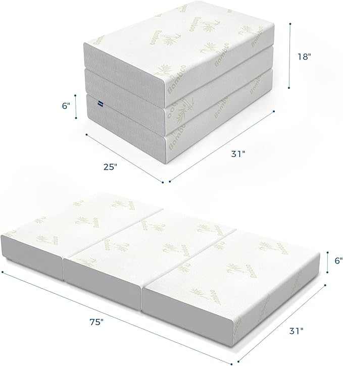 Inofia Folding Mattress, 6 Inch Trifold Memory Foam Mattress with Ultra Soft Removable Cover, Non-Slip Bottom & Breathable Mesh Sides, Foldable & Portable - Cot Size (75" x 31" x 6")