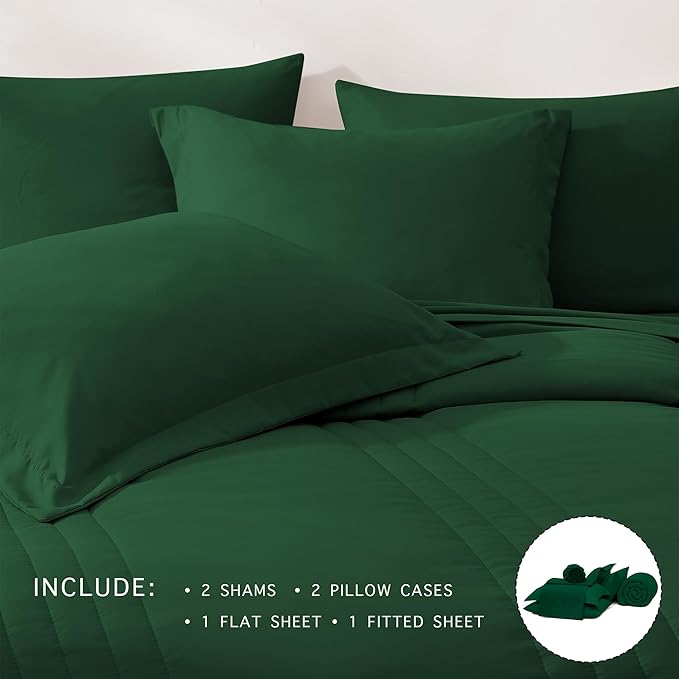 Monbix King Size Comforter Set - 7 Pieces Bed in a Bag King, Emerald Green Bedding Sets with Comforter, All Seasons Down Alternative Comforter Bed Set with Sheets, Pillowcases & Shams