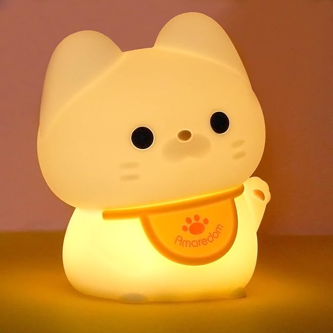 Amaredom Waving Kitten Night Light, Cute Cat Lamp, Silicone Dimmable Nursery Nightlight, Rechargeable LED Bedside Lamp with 20 Minutes Timer & Tap Control Baby Girls Women Bedrooms, Living Room