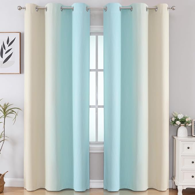 Aqua and Beige Ombre Blackout Curtains - Image 2
