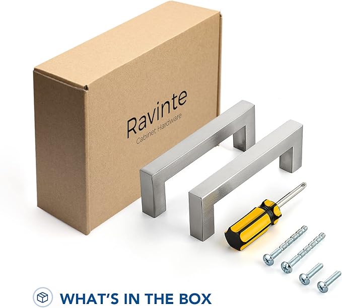 Ravinte 20 Pack Brushed Nickel Kitchen Cabinet Handles 3-3/4 Inch Cabinet Pulls Square Kitchen Hardware for Cabinet Drawer Pulls Drawer Handles Come with Screwdriver