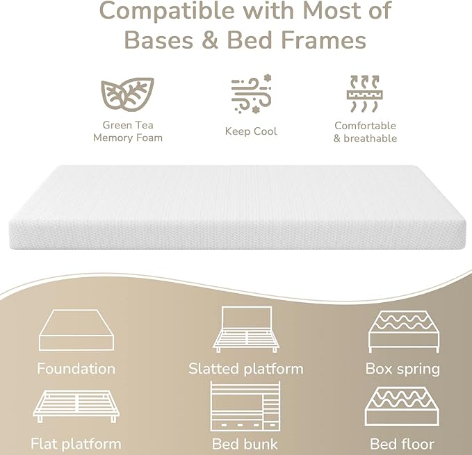 PayLessHere 5 Inch Memory Foam Mattress Cooling Gel Green Tea Infused Mattress,Medium Firm Mattresses Fiberglass Free/CertiPUR-US Certified/Bed-in-a-Box/Pressure Relieving King Size,White