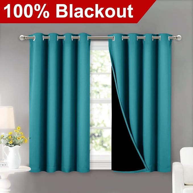 NICETOWN Peacock Teal 100% Blackout Curtains 45 inches Long, 2 Thick Layers - Image 2