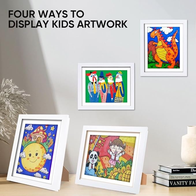 2-Pack Kids Art Frames - Changeable, 8.5x11 White Rows Picture Frame for Kids Artwork That Open,Display Children Art Projects,With Storage (White)