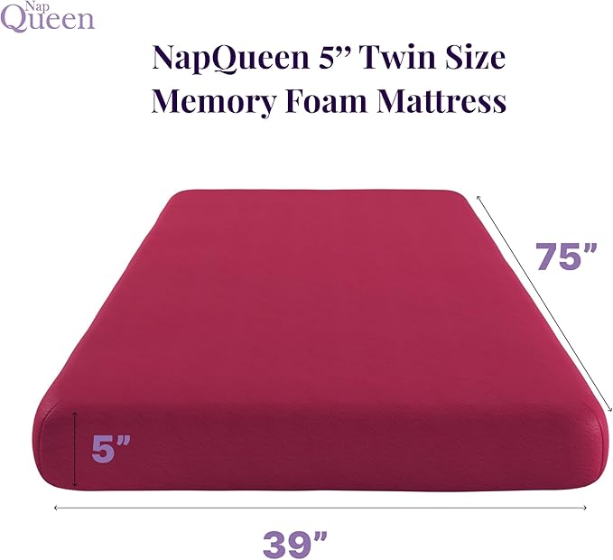 NapQueen 5 Inch Twin Memory Foam Mattress, Medium Feel, CertiPUR-US Certified, Bed in a Box, Breathable Soft Fabric Cover, Pink