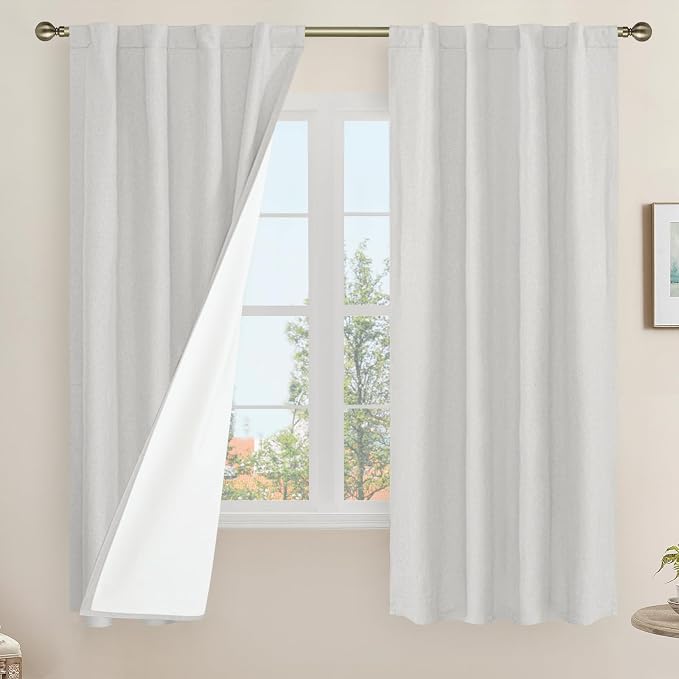 Light Grey 100% Blackout Linen Curtains 63 Inches by LAMIT