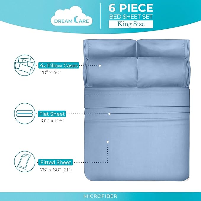 DREAMCARE Queen Sheet Set – 6 pcs Cooling Bed Sheets – up to 15” Deep Sheets Queen Size Bed Set – 2500 Supreme Collection – Extra Soft 100% Brushed Microfiber Hotel Luxury with Side Pocket – L Blue