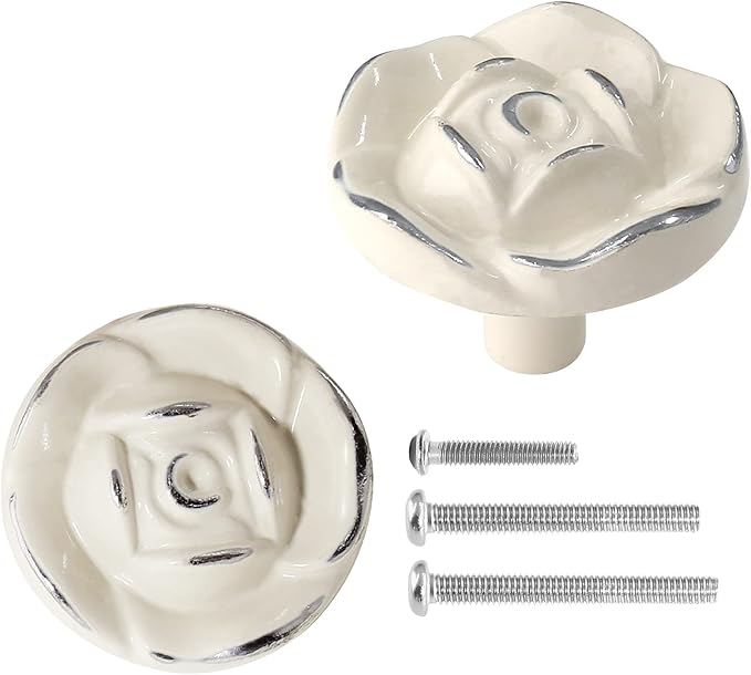 Uenhoy 5 Pcs Vintage Rose Drawer Knobs - Antique Rose Flower Cabinet Knobs for Dresser Vanity Nightstand Closet with Screws (Ivory White with Silver Edge)
