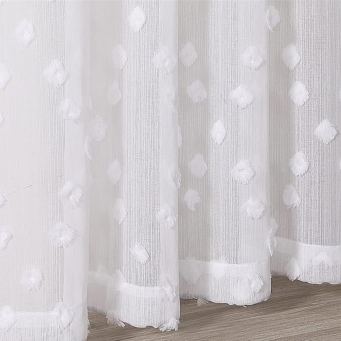 MYSKY HOME White Sheer Short Curtains with Pom Pom for Small Windows Bedroom Nursery Kids Girls Room Curtains Cafe Kitchen Light Filtering Boho Drapes, Rod Pocket,52 x 45 Inches, 2 Panels