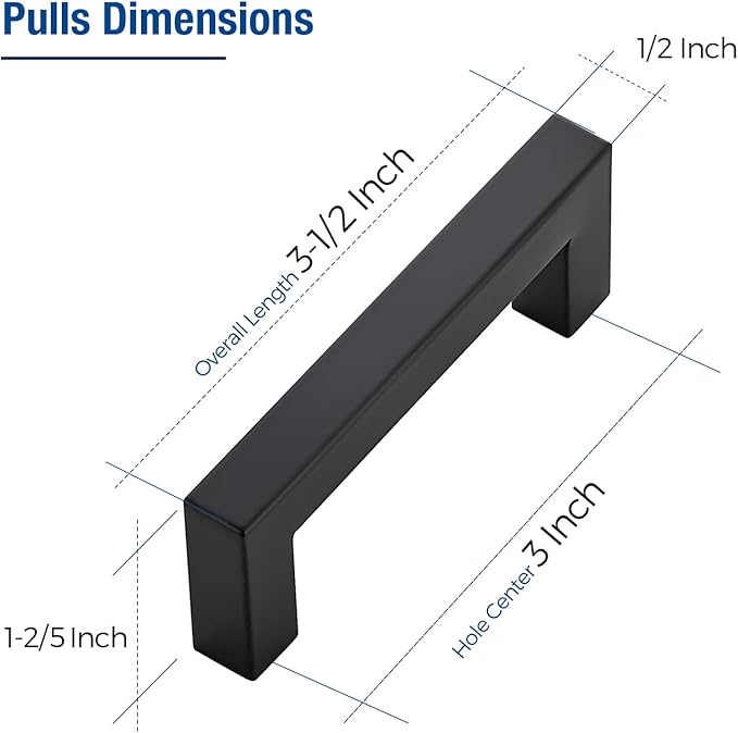 JOY DECOR 10 Pack Cabinet Handles, Black Cabinet Pulls, 3 Inch Kitchen Closet Handles Square Drawer Pulls Stainless Steel Drawer Hardware, 76mm Hole Centers