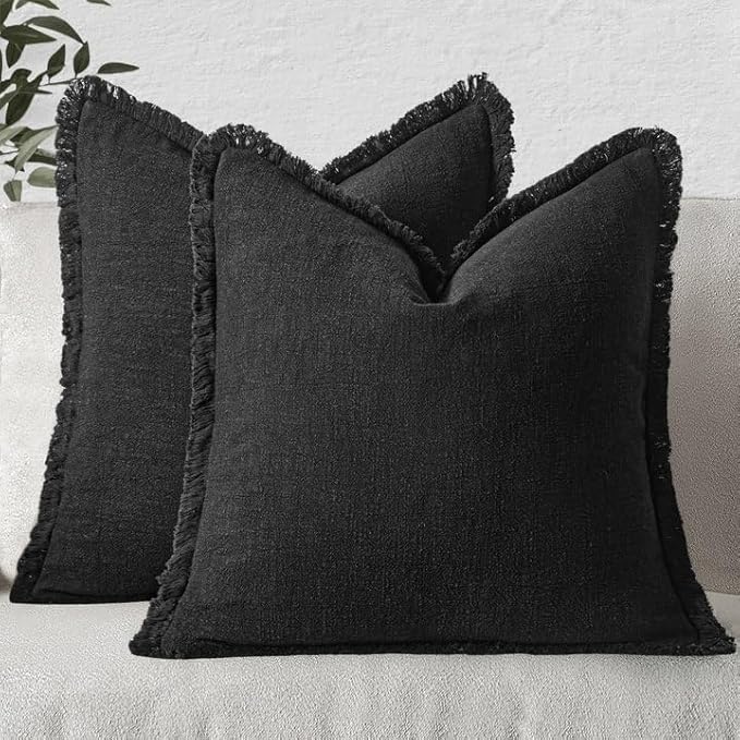 MIULEE Boho Linen Fringe Decorative Throw Pillow Covers Black 20x20 | Set of 2 by MIULEE