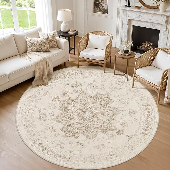 Round Area Rug Living Room: 8ft Washable Carpet Beige/Ivory | Vintage Boho by Luxturiy