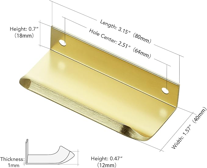Ravinte Hardware 8 Pack Gold Cabinet Handles, 3.15 Inch (80mm) Finger Edge Pulls, 2-1/2 Inch Hole Center, Finger Pulls for Cabinets