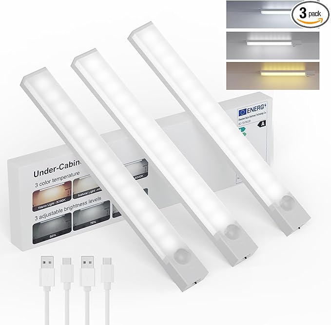 Under Cabinet Lighting 8 Inches Rechargeable Motion Sensor Light Indoor, 3 Color Dimmable Closet Light Battery Operated, USB Stick on LED Magnetic Under Counter Lights for Kitchen Stair, 3 Packs