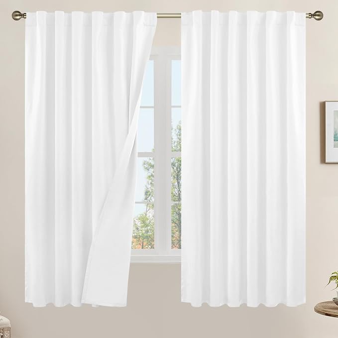 100% White Blackout Curtains for Bedroom, 63 Inches Polyester Textured Thermal by LAMIT
