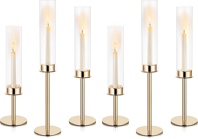 Hurricane Candle Holders Metal Candlestick Holder for Glass Taper Tall Candle Holders with Candles Stands for Home Decor, Christmas, Dinning, Wedding, Housewarming Gifts (6, Gold)