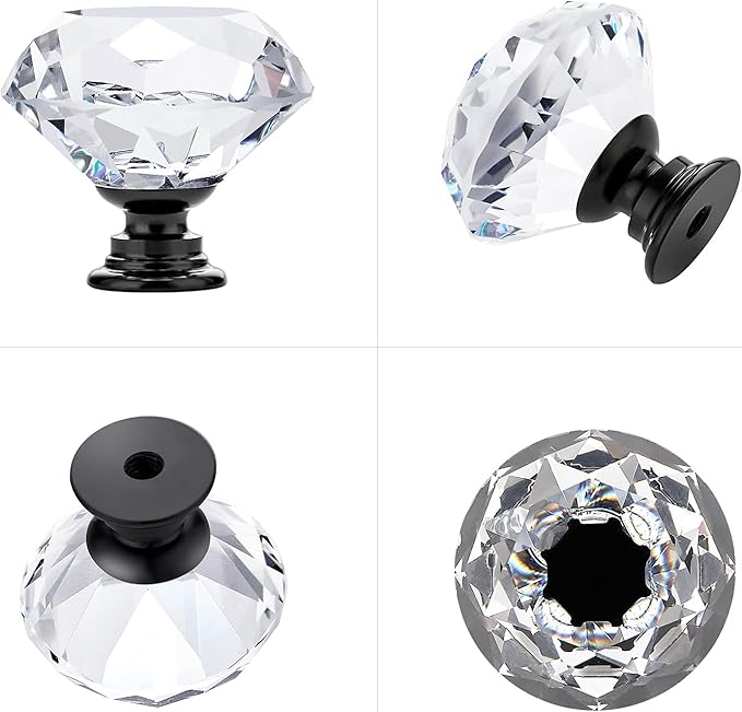 Ravinte 20 Pack Crystal Drawer Knobs - Glass Cabinet Knobs, Diamond Shaped, 30 mm with Black Base