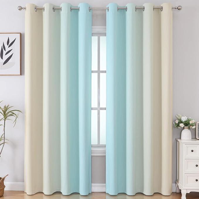 Aqua and Beige Ombre Blackout Curtains - Image 2