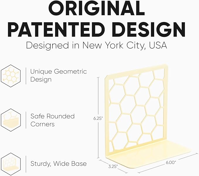 GEOMOD Geometric Honeycomb Yellow Metal Bookends Decorative - Tall Sturdy Book Ends for Shelves - Modern Heavy Duty Bookend Stopper - Office Shelf Book Holder - 6x3.25x6.25 Inches - 2 Pair