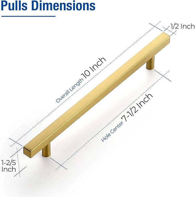 JOY DECOR 10 Pack 7-1/2 Inch Brushed Brass Square Cabinet Handles Stainless Steel Cabinet Hardware Pulls for Kitchen and Drawers with 10 Inch Overall Length