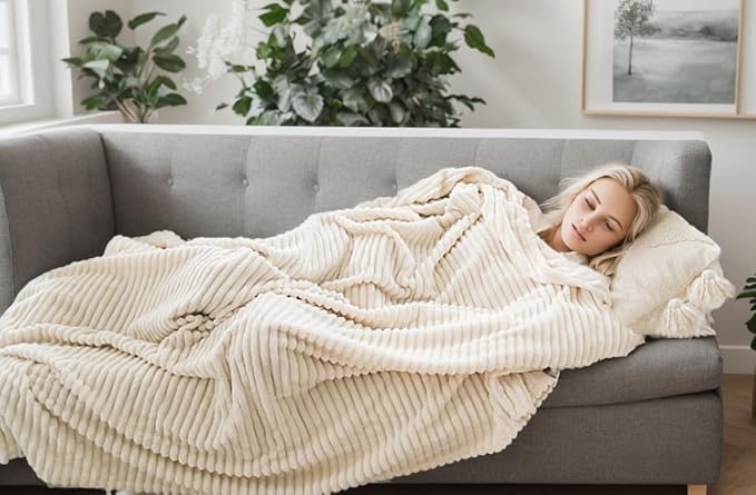 Cuddly Queen Size Blanket, Fluffy Fleece, Warm & Soft with Striped Pattern, 90x90 Inches, Cream