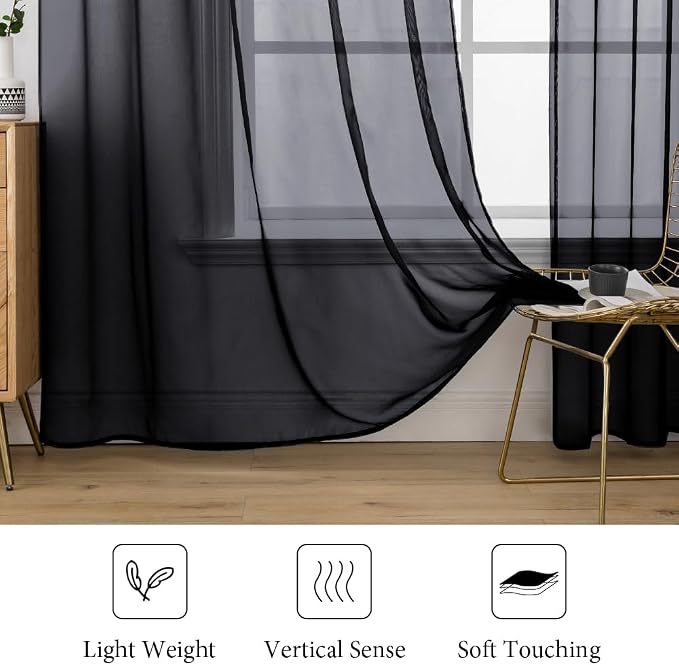 MIULEE 2 Panels Sheer Curtains for Living Room 54 X 63 Inches Black | Sheer - Image 4
