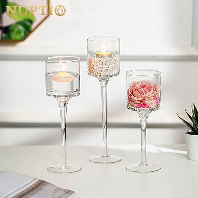 NUPTIO Tealight Candle Holders Bulk: Set of 30 Long Stemmed Candle Stands for Table Centerpiece Decor - Monet Candleholders for Floating Candles
