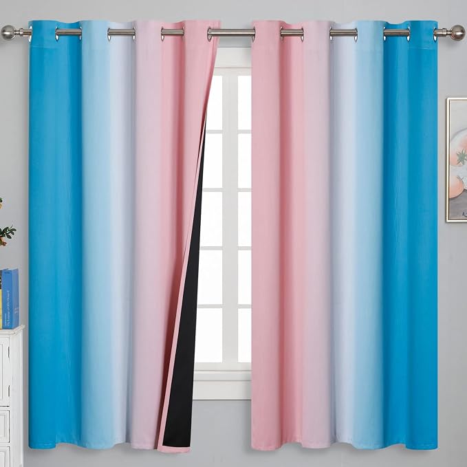 Pink and Blue Ombre Curtains for Bedroom 63 Inch Long | Room Darkening Curtains by ESTELARTEXTILER