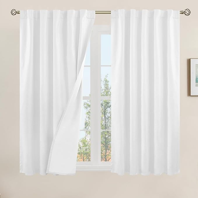 White 100% Blackout Linen Curtains 54 Inch Length by LAMIT