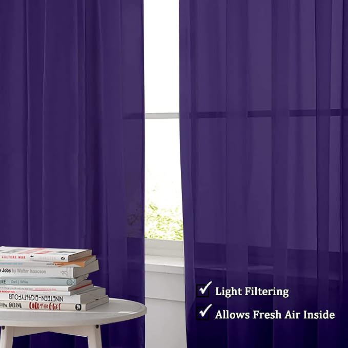 Purple Sheer Curtains 63 inch Length 2 Panels Set, Rod Pocket Voile Fimly Sheer - Image 2