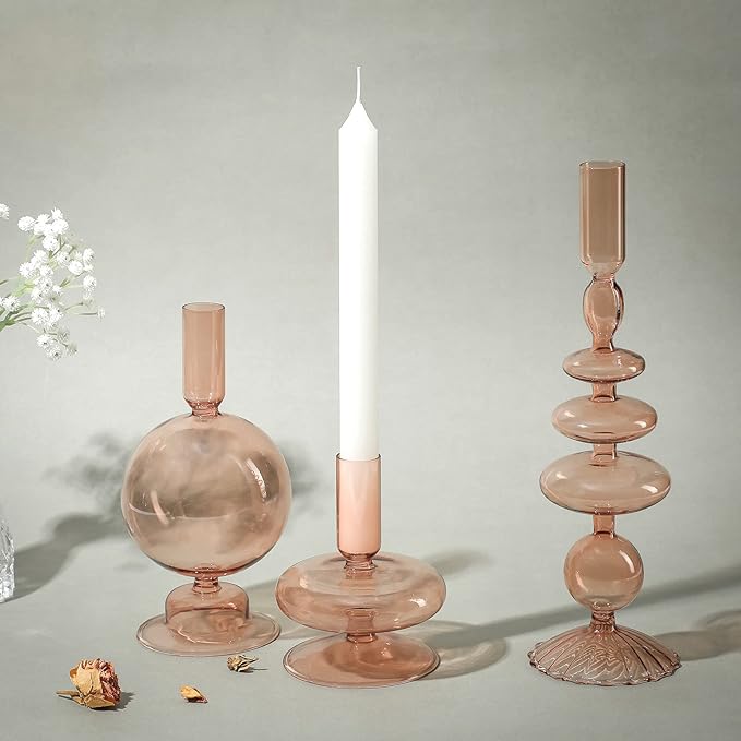 Rtteri 3 Pcs Glass Candlestick Holders Glass Candle Holders Groovy Wavy Elegant Taper Candle Stick for Wedding Home Birthday Party Christmas Halloween Decoration Windowsill Decor(Light Brown)
