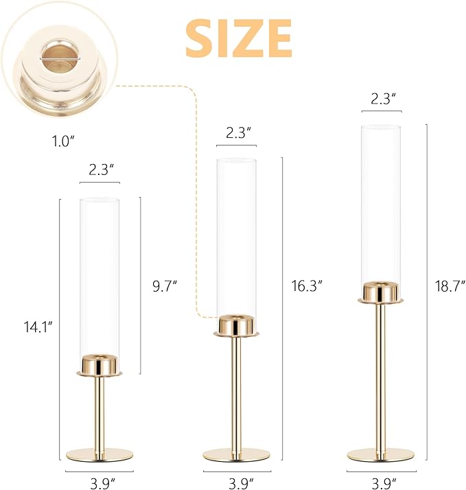 Hurricane Candle Holders Metal Candlestick Holder for Glass Taper Tall Candle Holders with Crystal Chimney Tube Candles Stands for Home Decor, Christmas, Dinning (18, Gold)