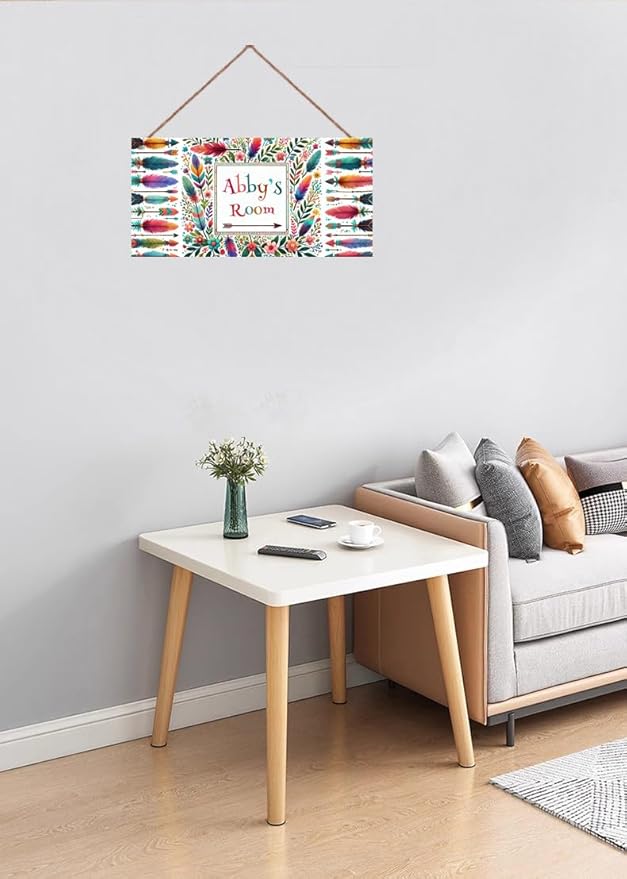 Personalized Name Sign Colorful Feather Decor For Girls Room and Baby Nursery Kids Bedroom Flowers Wood Plaque Hanging Wall Art Decor